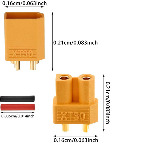 XT30 Battery Connector Kit With 60 Connectors 30 Male And 30 Female Plus Heat Shrink Tubing For RC Drones Cars Boats And ESCs Gold Plated Nylon Bullet Plugs Perfect For Hobbyists And Pros, showing dimensions of plugs and tubing.