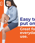 Woman wearing toeless compression socks for neuropathy relief and plantar fasciitis, unisex medium white, ankle support.