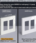 5 Pack 2 Gang Screwless Wall Plate Glossy Off White Decorator Receptacle Outlet Cover and Switch Plate With Seamless Edge Design That Wipes Clean Catchy Slick Look For Modern Homes 4.69 Inches High By 4.73 Inches Wide USWP4 series with dimensions displayed