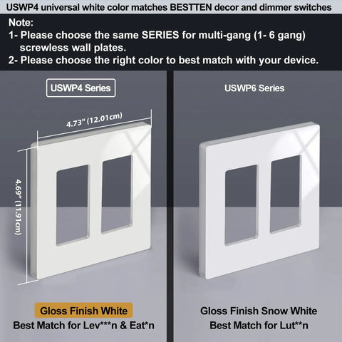 5 Pack 2 Gang Screwless Wall Plate Glossy Off White Decorator Receptacle Outlet Cover and Switch Plate With Seamless Edge Design That Wipes Clean Catchy Slick Look For Modern Homes 4.69 Inches High By 4.73 Inches Wide USWP4 series with dimensions displayed