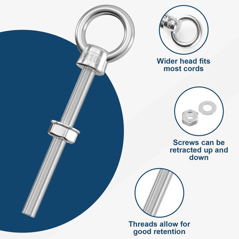 Metric M10 Eye Bolts 5 Pack Heavy Duty Stainless Steel 3/8 In By 4 In Long Welded Extension displayed with features like threads and wider head
