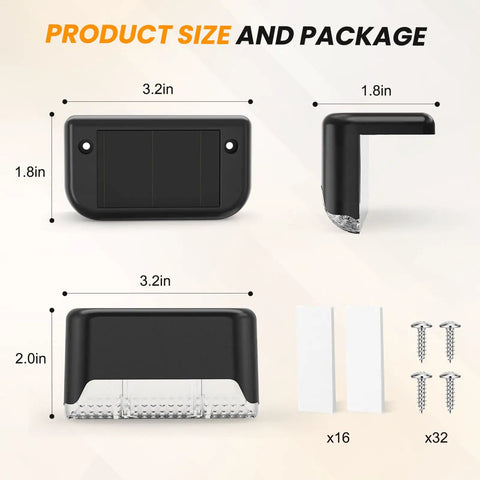 Dimensions and components of 16 Pack Solar Deck Lights Outdoor Waterproof LED Fence Lamps No Fuss Setup For Steps Deck Railings