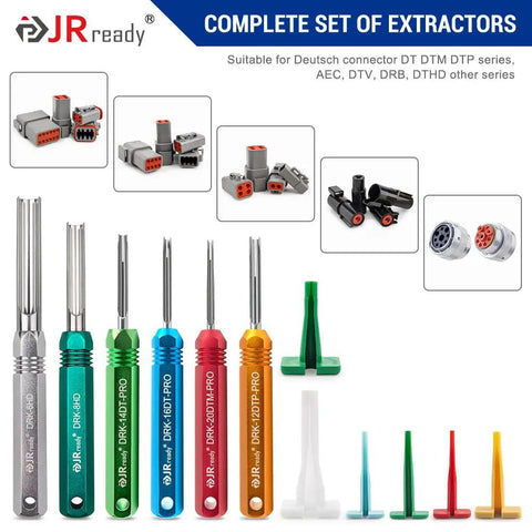 Deutsch Connector Tool Kit for DT DTM DTP DTV HD Series with Pin Removal Tool, variety of extractors and connectors displayed