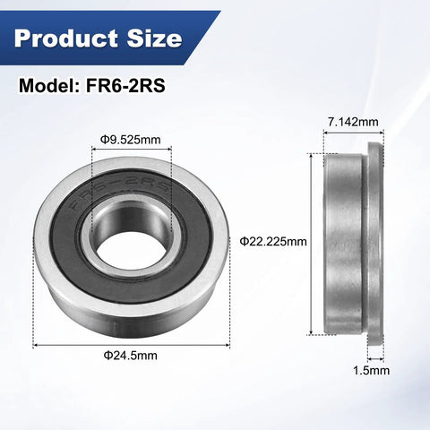 Product Size FR6-2RS flanged bearing, 3/8 in bore, 7/8 in OD, chrome steel for wheelbarrows and printers