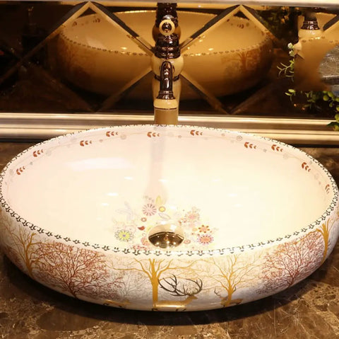 SDVantage Undermount Sink Bathroom Vessel Sink Forest Art Countertop Basin Nordic Ceramic Washbasin with faucet close-up view.