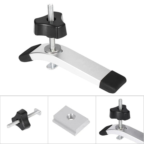 Fast Acting Hold Down Clamp Set For T Slot And T Track Workholding In Woodworking And Metalworking with hand knob and pressure plates.