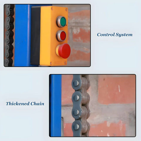 Control system and thickened chain of Badass Heavy Duty Electric Hydraulic Lift Table For Garage And Warehouse With 1 Ton Capacity Rock Solid Non Slip Platform Smooth Adjustable Cargo Hoist.