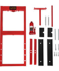 6 Ton Hydraulic H Frame Shop Floor Press For Auto Repair And Metalwork, Heavy Duty Beast, Garage Ready Beefy Build, Precise Alignment, Carbon Steel Construction, Powder Coated Finish, Industrial Grade Stability. 6-ton H-frame press parts laid out