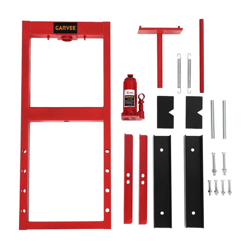 6 Ton Hydraulic H Frame Shop Floor Press For Auto Repair And Metalwork, Heavy Duty Beast, Garage Ready Beefy Build, Precise Alignment, Carbon Steel Construction, Powder Coated Finish, Industrial Grade Stability. 6-ton H-frame press parts laid out