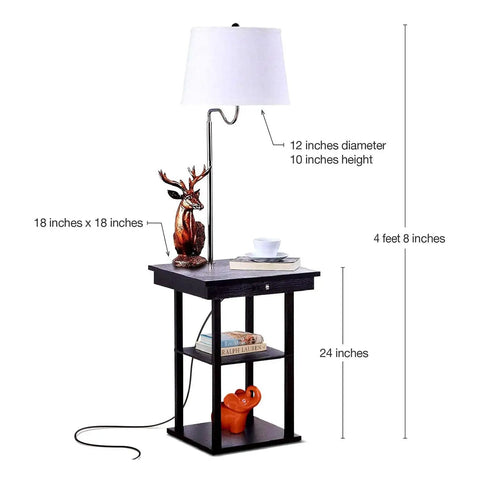 Space Saving Side Table With Built In Floor Lamp And USB Port, Nightstand And Desk Lamp Combo, Modern Black End Table With White Shade, Perfect For Small Bedrooms, Living Room Or Office