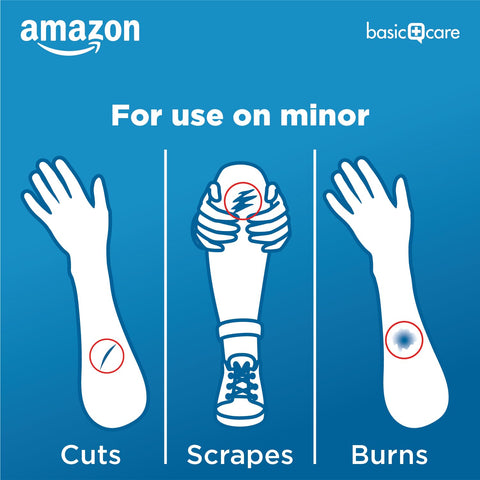 Illustration of sheer adhesive pad bandages for minor cuts, scrapes, and burns on arms and leg.
