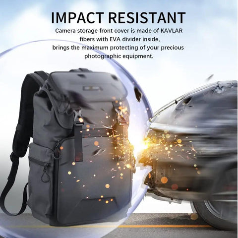 Large Capacity Camera Backpack With Tripod Storage being impact resistant against a car, features dual compartments and removable divider