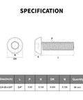 Built Tough 60 Pack 1/4 20 X 3/4 Inch Button Head Socket Cap Bolts Forged From 304 Stainless Steel With Sleek Black Zinc Coating And Fully Threaded Allen Hex Drive For Heavy Duty Tasks specifications diagram with measurements.