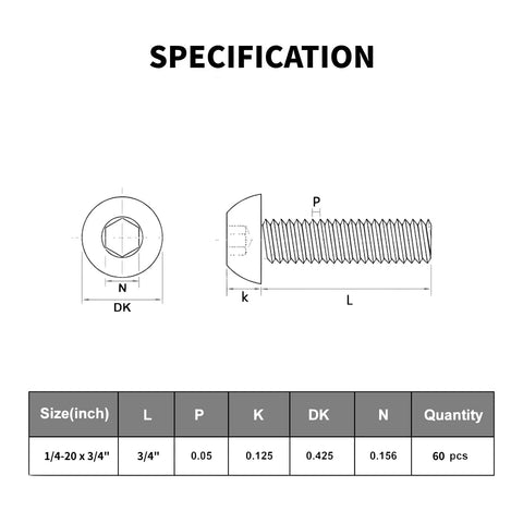 Built Tough 60 Pack 1/4 20 X 3/4 Inch Button Head Socket Cap Bolts Forged From 304 Stainless Steel With Sleek Black Zinc Coating And Fully Threaded Allen Hex Drive For Heavy Duty Tasks specifications diagram with measurements.