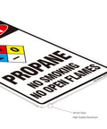 Close-up of Heavy Duty Aluminum Warning Sign Two Pack Danger Propane No Smoking No Open Flames Plaque 14x10 inch, 40 mil thick.