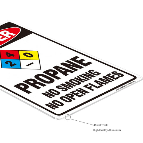 Close-up of Heavy Duty Aluminum Warning Sign Two Pack Danger Propane No Smoking No Open Flames Plaque 14x10 inch, 40 mil thick.