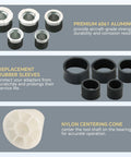 Engine Cam Bearing Removal And Installation Tool Set components including aluminum adapters, rubber sleeves, nylon centering cone.