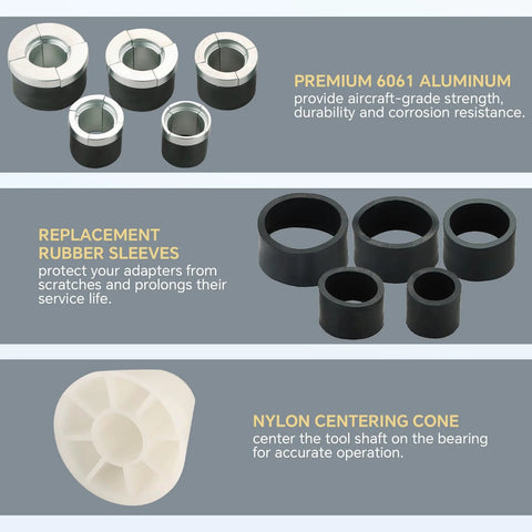 Engine Cam Bearing Removal And Installation Tool Set components including aluminum adapters, rubber sleeves, nylon centering cone.