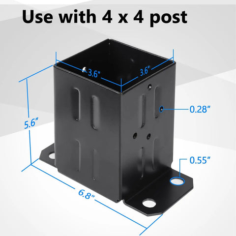 Heavy Duty 4x4 Wood Fence Post Anchor Base Kit Thick Steel With Black Powder Coat Built To Last Rust Resistant Tough As Nails Includes Wood Screws And Concrete Anchors For Set Of 2 Posts base dimensions diagram