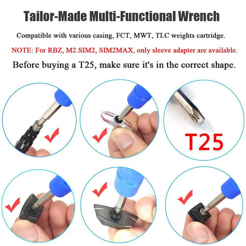 Diagram showing the Multi Function Golf Wrench And Driver Tool with T20 and T25 bits in various configurations.