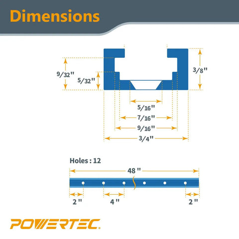 48 Inch Universal T Track With Two Hold Down Clamps For Benchtop Projects, Beefy Anodized Blue Finish, Stepped Track Design, Fits Material Up To Two And A Half Inches Thick, Screws Not Included. Dimensions diagram with 48-inch T-track profile and hole spacing.