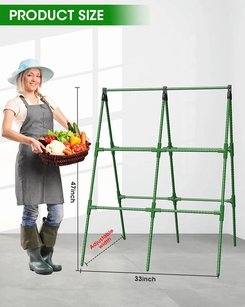 Two Pack A Frame Cucumber Trellis Garden Trellis For Climbing Plants Outdoor Raised Bed Plant Grow Support For Tomato Squash Vegetable And Flower 33 By 47 Inches Each shown with size dimensions and a garden worker.