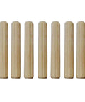 Heavy Duty Real Deal Hardwood Dowel Pins Quarter Inch By Two Inch Six Millimeter Fifty Millimeter Beish Fluted Grip for Fine Cabinet Work, grouping of six dowel pins.