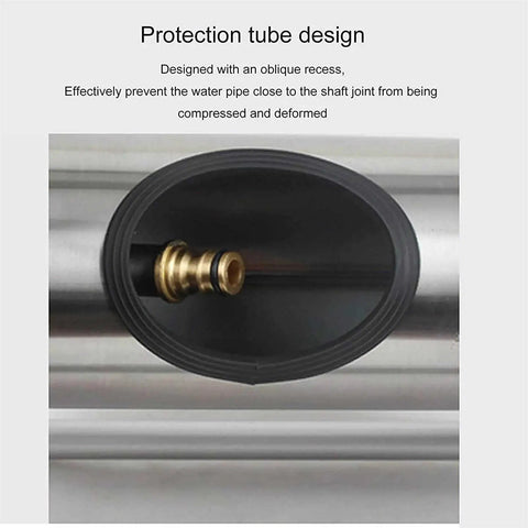 Close-up of protection tube design for Hella Tough Stainless Steel Garden Hose Reel, showcasing brass fitting and oblique recess.