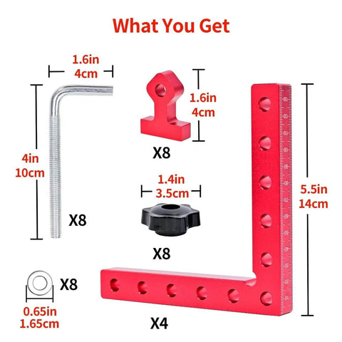 Right Angle Corner Clamps Set, 4 Pack 5.5 x 5.5 Inches Aluminum Alloy, CNC Precision Cut, Anodized Red Finish components