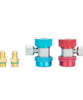 R134a Manual Coupler Set For Easy Swap From R12 Manifold Gauges To R134a High And Low Side Quick Connectors 6 Ball Couplers Includes R12 Hose Adapter Blue Low Side Red High Side showing blue and red couplers and adapters