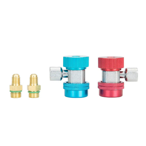 R134a Manual Coupler Set For Easy Swap From R12 Manifold Gauges To R134a High And Low Side Quick Connectors 6 Ball Couplers Includes R12 Hose Adapter Blue Low Side Red High Side showing blue and red couplers and adapters