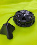 Close-up of inflation valve on the orange 50 Pound Lift Bag For Scuba Diving And Salvage, sturdy urethane-coated nylon background.