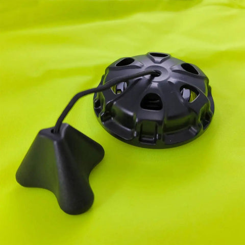Close-up of inflation valve on the orange 50 Pound Lift Bag For Scuba Diving And Salvage, sturdy urethane-coated nylon background.