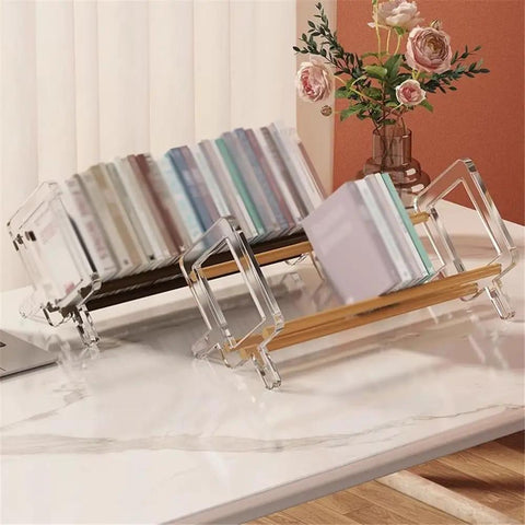 Freestanding Bamboo Book Shelf For Home Office And Study, Dope Compact Desktop Organizer with books on a marble desk