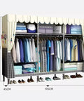 Hella Spacious Portable Wardrobe Closet With Reinforced Metal Frame And Dual Hanging Rods Quick Assembly Clothes Organizer With Airy Fabric Cover For Cozy Bedroom Gear Storage Green, showcasing organized clothes and storage dimensions.