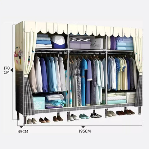 Hella Spacious Portable Wardrobe Closet With Reinforced Metal Frame And Dual Hanging Rods Quick Assembly Clothes Organizer With Airy Fabric Cover For Cozy Bedroom Gear Storage Green, showcasing organized clothes and storage dimensions.