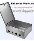 Stainless Steel Outdoor Electrical Junction Box Weatherproof Enclosure With Heavy Duty Corrosion Resistant Construction For Harsh Weather Protects Outdoor Wiring And Connectors Size 24 By 32 By 6 Inches 2mm Thick Wall, open lid view