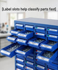 100 Drawer Bolt And Nut Organizer And Tool Storage Cabinet with label slots and open drawers in a workshop setting