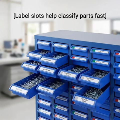 100 Drawer Bolt And Nut Organizer And Tool Storage Cabinet with label slots and open drawers in a workshop setting