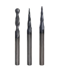 Three Piece CNC Fine Detail Router Bit Set With TiCo Hi Density Carbide And Black Ice Coating on white background