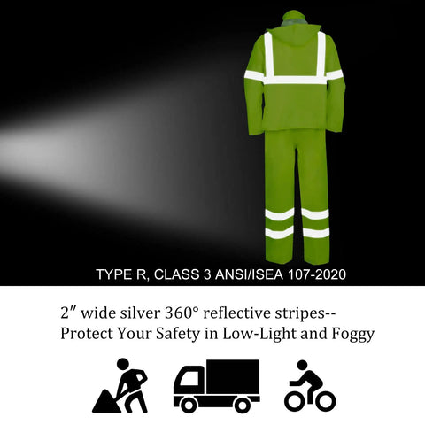 Back view of Hi Vis Reflective Rain Jacket And Pants Set For Men Waterproof Class 3 High Visibility Safety Rain Gear with reflective stripes