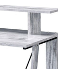 Close-up of Rock Solid Adjustable Height Standing Computer Desk With Integrated Usb Charging Ports Sleek Metal Ladder Base, gray wood finish.