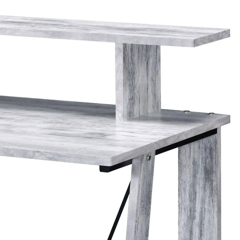 Close-up of Rock Solid Adjustable Height Standing Computer Desk With Integrated Usb Charging Ports Sleek Metal Ladder Base, gray wood finish.