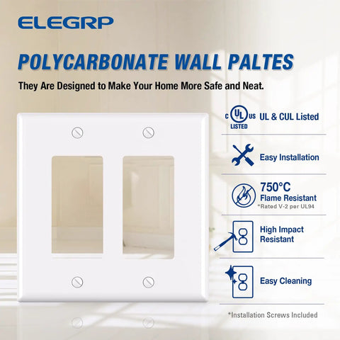 Two Gang Decorative Wall Plates For Decorator Receptacles And Switches Mid Size Thermoplastic Faceplate Covers Tough As Nails Unbreakable Polycarbonate Glossy White Finish UL Listed 5 Pack product description with highlights
