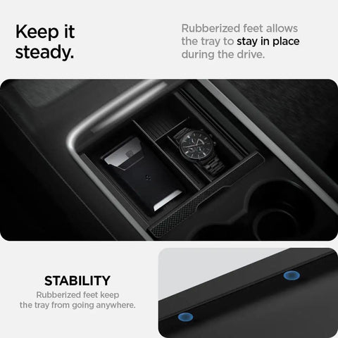 Center Console Organizer for Tesla Model Y 2021 2024 and Model 3 2021 2023, Durable PC Tray with anti-slip features, storing items.