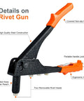 Manual Pop Rivet Gun Kit With 4 Replaceable Nosepieces And 200 Rivets showing ergonomic handle and steel construction.