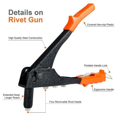Manual Pop Rivet Gun Kit With 4 Replaceable Nosepieces And 200 Rivets showing ergonomic handle and steel construction.
