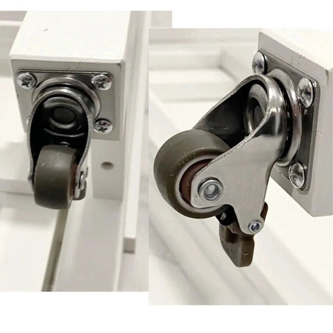 Smooth Ride One Inch Caster Set Packs Two Swivel Casters With Locking Pads And Self Tapping Screws attached to white surface.