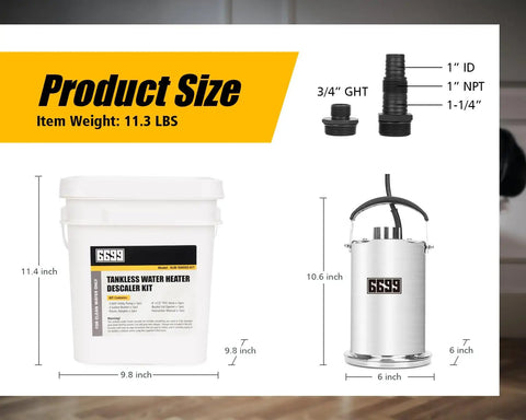 Tankless Water Heater Flushing Kit With One Quarter HP Stainless Steel Sump Pump, Two Adapters, Three Gallon Pail With Lid Opener
