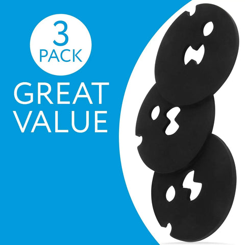 Water Softener Venturi Gasket Replacement Kit, 3 Pack Silicone Gaskets, black round gaskets stacked, blue background